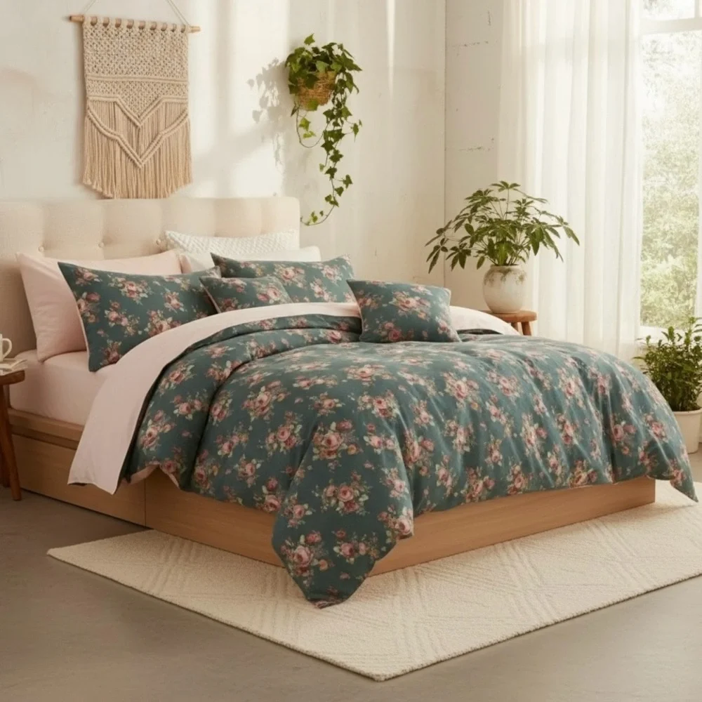 NEW Anthro Green & Pink Floral Muslin Cotton Boho Queen / King Bedding Duvet Set
